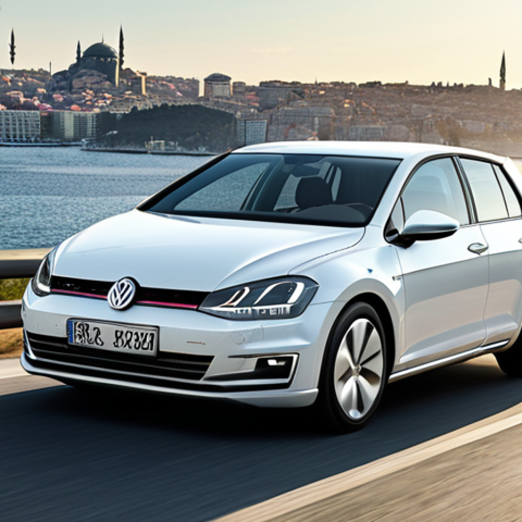 **

A sleek, modern Volkswagen Golf, showcasing its updated LED headlights and dynamic front grille, driving on a scenic Turkish road with Istanbul in the background. The image should emphasize the car's contemporary design and aerodynamic features. Consider a slightly low angle to enhance the car's presence.

**