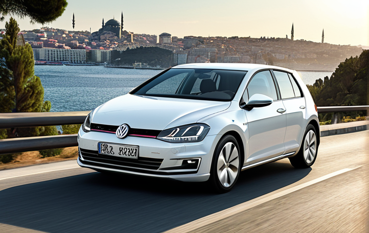 **
A sleek, modern Volkswagen Golf, showcasing its updated LED headlights and dynamic front grille, driving on a scenic Turkish road with Istanbul in the background. The image should emphasize the car's contemporary design and aerodynamic features. Consider a slightly low angle to enhance the car's presence.
**