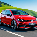 A modern Volkswagen Golf GTI (Mk8) in a vibrant metallic red, captured in a dynamic driving pose on a winding asphalt road. The car showcases its iconic red grille stripe, sleek LED headlights, sporty alloy wheels, and dual exhaust tips, surrounded by a scenic background of rolling green hills and a clear blue sky, under bright, natural daylight. Professional automotive photography, high-resolution, sharp focus, detailed, realistic, vivid colors, perfect anatomy, correct proportions, natural pose, well-formed hands, proper finger count, natural body proportions, safe for work, appropriate content, fully clothed, family-friendly.
