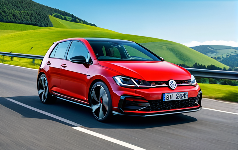 A modern Volkswagen Golf GTI (Mk8) in a vibrant metallic red, captured in a dynamic driving pose on a winding asphalt road. The car showcases its iconic red grille stripe, sleek LED headlights, sporty alloy wheels, and dual exhaust tips, surrounded by a scenic background of rolling green hills and a clear blue sky, under bright, natural daylight. Professional automotive photography, high-resolution, sharp focus, detailed, realistic, vivid colors, perfect anatomy, correct proportions, natural pose, well-formed hands, proper finger count, natural body proportions, safe for work, appropriate content, fully clothed, family-friendly.